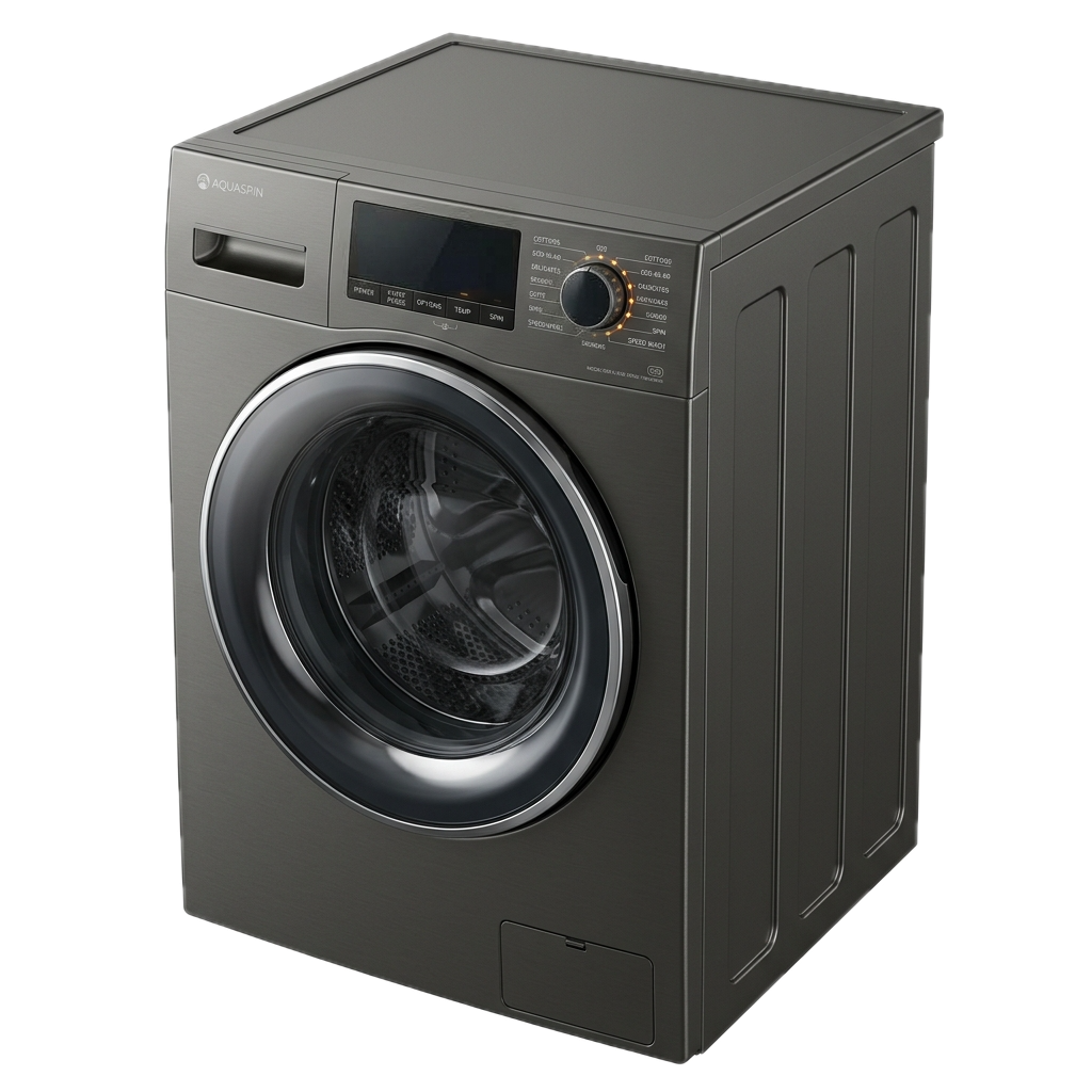 3D product render of a modern front-load washing machine displaying blinking amber 4C error code on its digital console